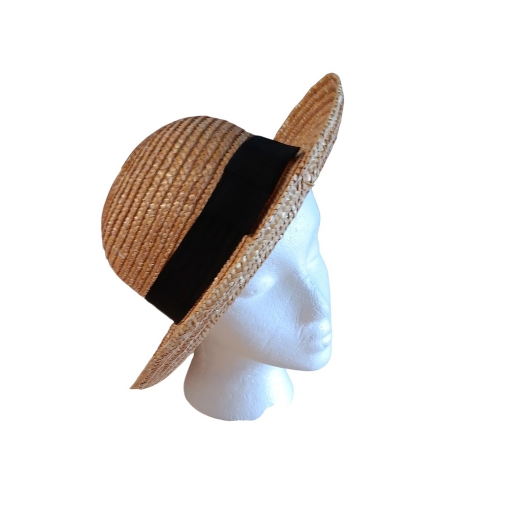 Tan Straw Woven Boater Hat with Black Ribbon Bow Sun Hat Womens Summer Accessory